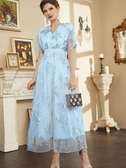 Sale Retro Stage 1940s Foil Stamping Mesh Patchwork Dress Light Blue