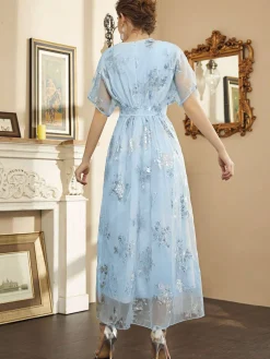 Sale Retro Stage 1940s Foil Stamping Mesh Patchwork Dress Light Blue