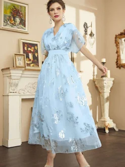 Sale Retro Stage 1940s Foil Stamping Mesh Patchwork Dress Light Blue