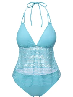 New Retro Stage 1930s Lace Hollow Halter Swimsuit Light Blue