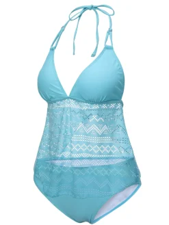New Retro Stage 1930s Lace Hollow Halter Swimsuit Light Blue