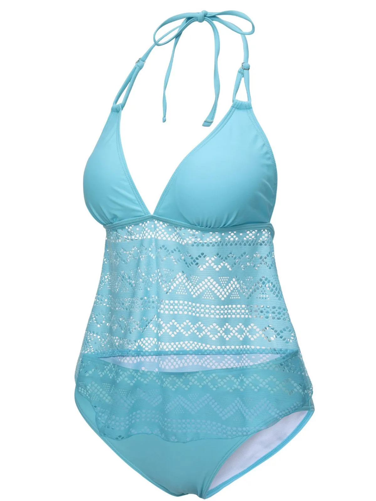 New Retro Stage 1930s Lace Hollow Halter Swimsuit Light Blue