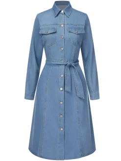 Clearance Retro Stage 1940s Lapel Denim Belted Dress Light Blue
