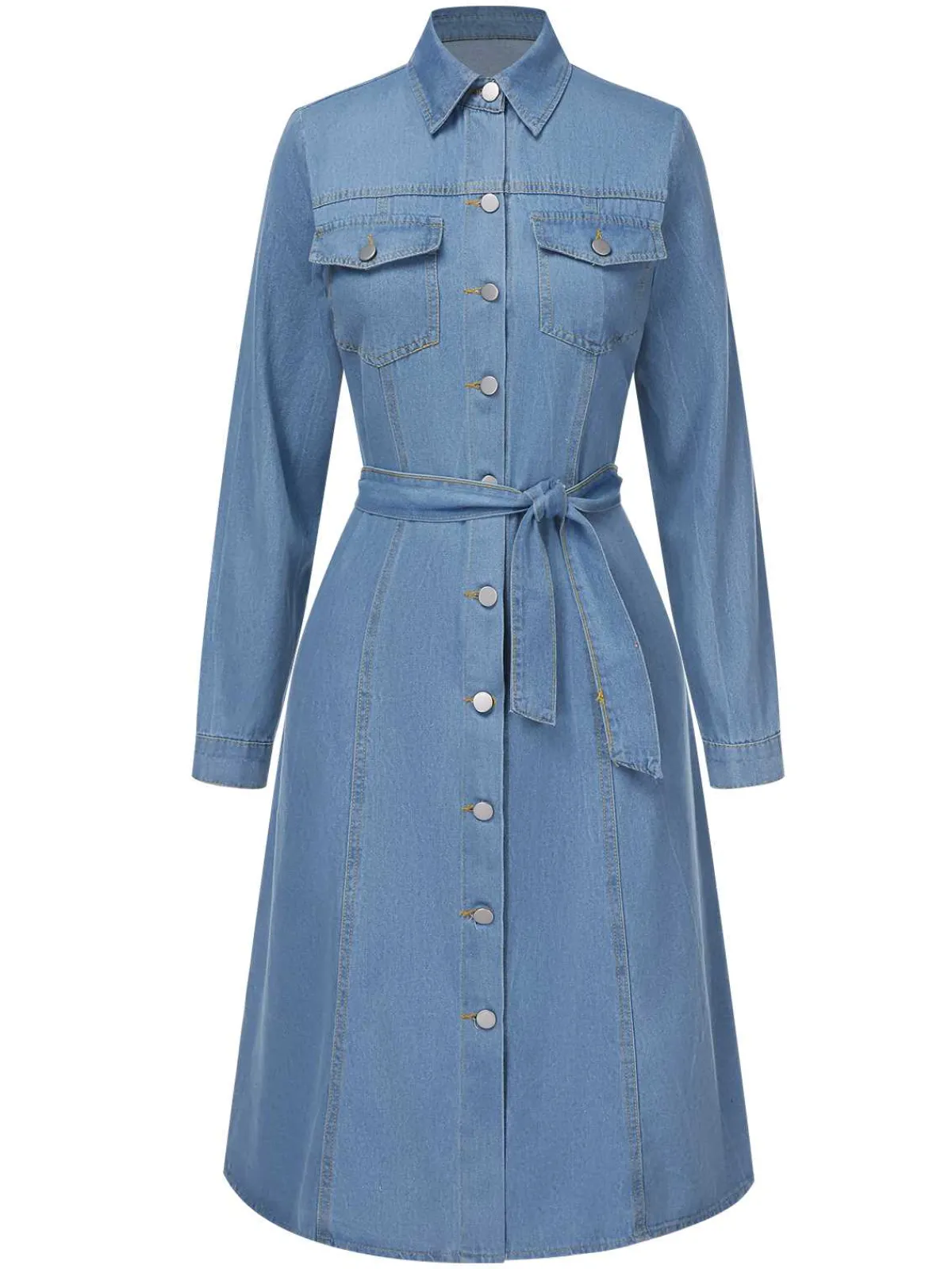 Clearance Retro Stage 1940s Lapel Denim Belted Dress Light Blue