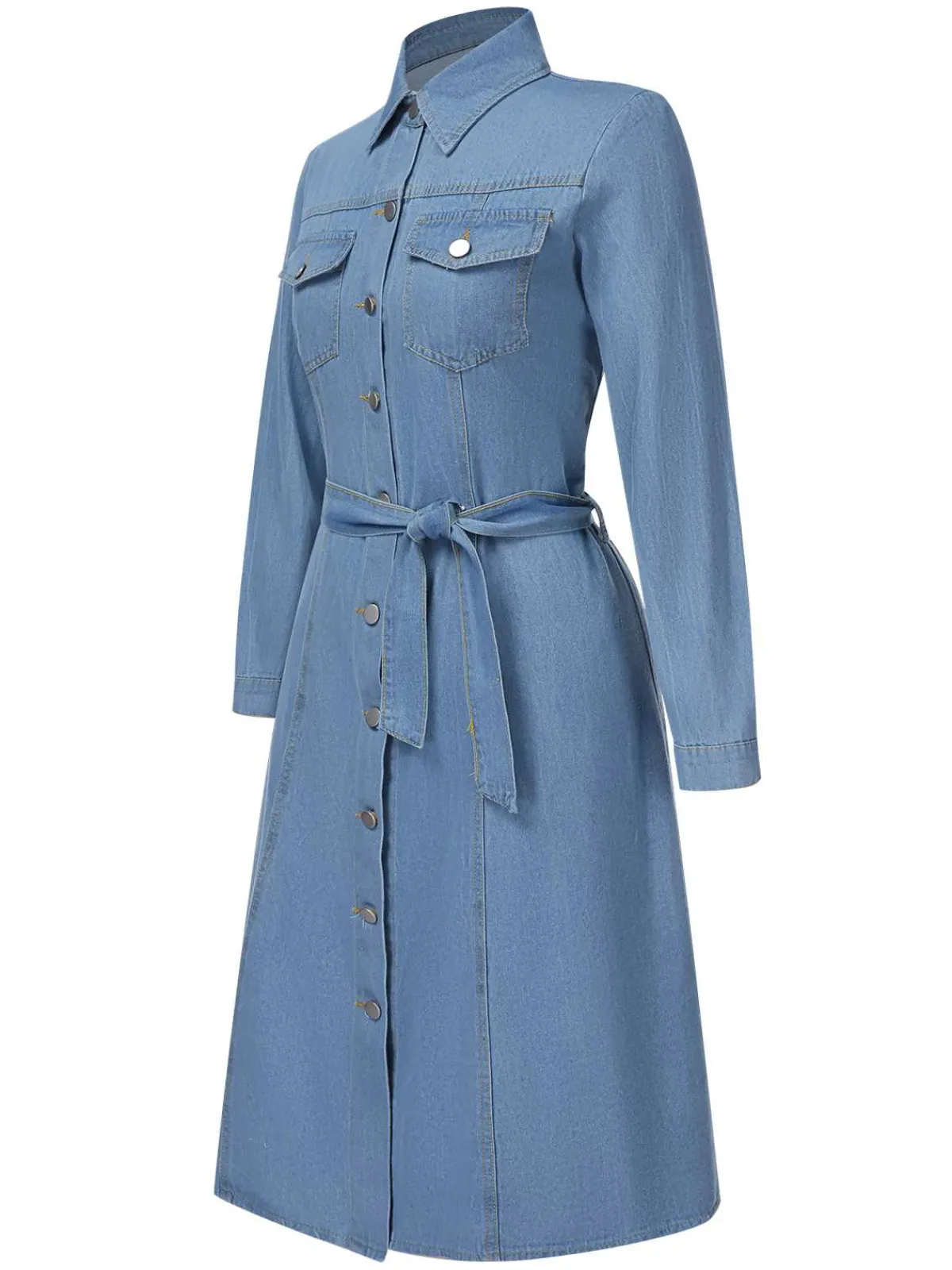 Clearance Retro Stage 1940s Lapel Denim Belted Dress Light Blue