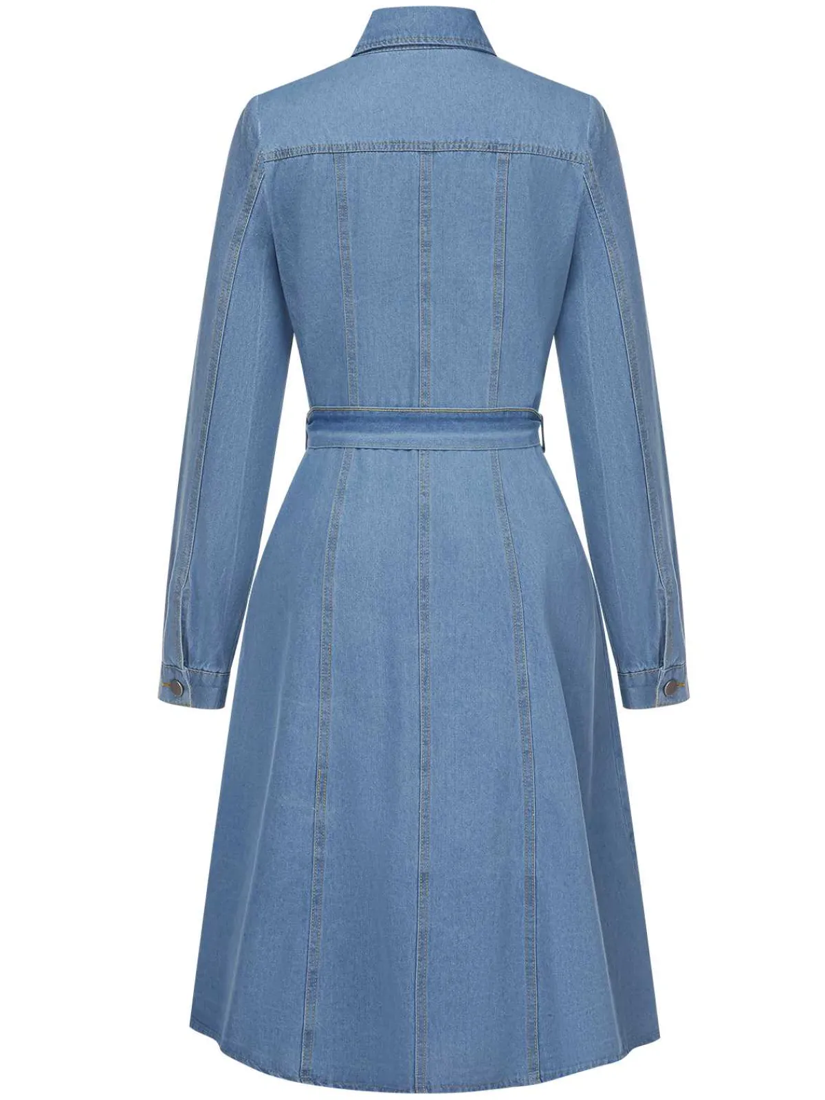 Clearance Retro Stage 1940s Lapel Denim Belted Dress Light Blue