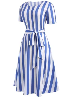 Outlet Retro Stage 1940s Nautical Striped Belted Dress Light Blue