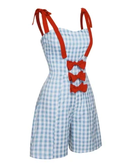 Outlet Retro Stage 1950s Plaid Camisole Romper Light Blue