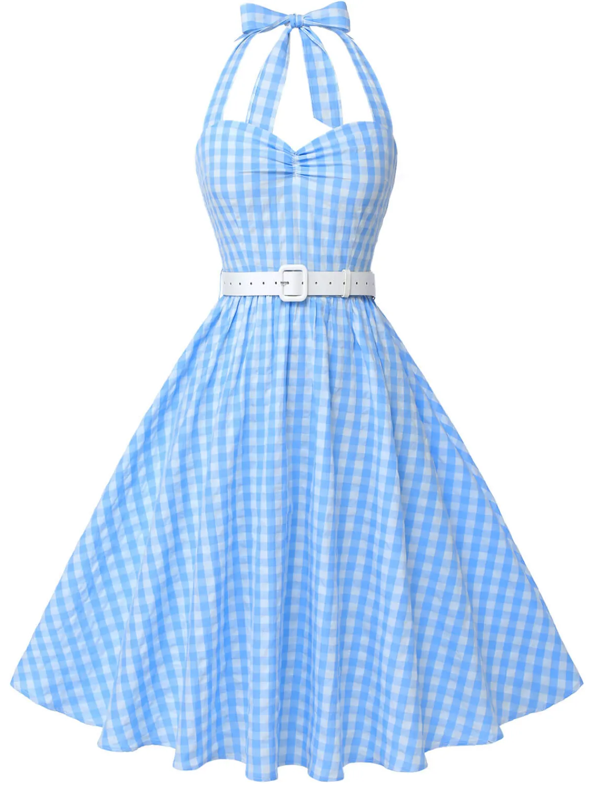 Sale Retro Stage Light 1950s Plaid Halter Swing Dress Blue