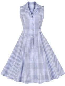 Fashion Retro Stage 1940s Plaid Lapel Sleeveless Dress Light Blue