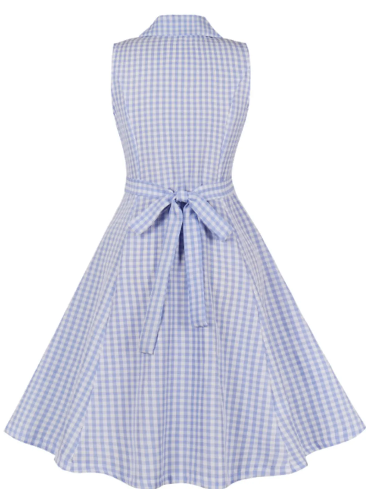 Fashion Retro Stage 1940s Plaid Lapel Sleeveless Dress Light Blue