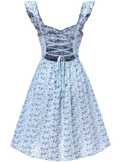 Best Retro Stage 1950s Ruffles Strap Ditsy Floral Dress Light Blue