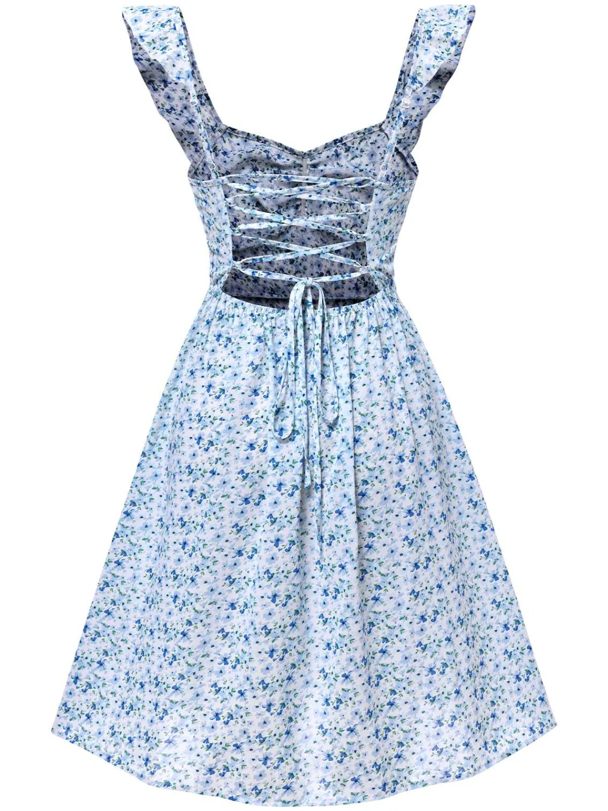 Best Retro Stage 1950s Ruffles Strap Ditsy Floral Dress Light Blue
