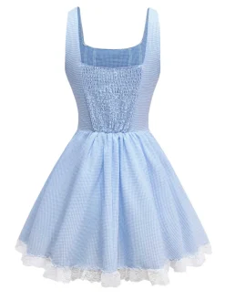 Hot Retro Stage 1950s Slip Gingham Lace Dress Light Blue