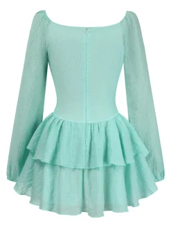 Discount Retro Stage 1960s Solid Layered Hem Chiffon Dress Light Blue