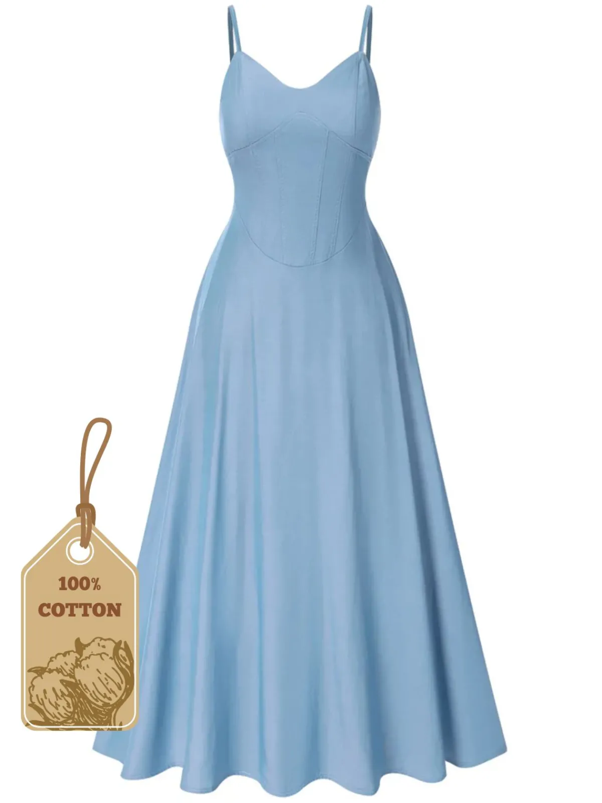 Online Retro Stage 1930s Solid Straps Cotton Dress Light Blue