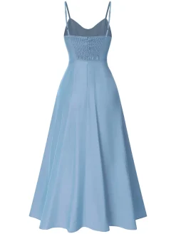 Online Retro Stage 1930s Solid Straps Cotton Dress Light Blue