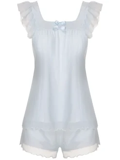 New Retro Stage Light 1950s Square Collar Pajamas Blue