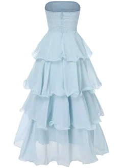 Outlet Retro Stage 1970s Strapless Layered Ruffles Dress Light Blue