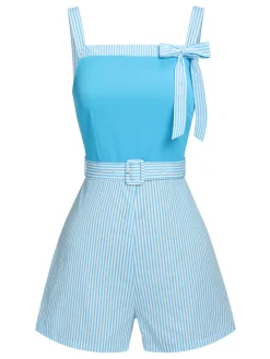Best Retro Stage Light 1940s Stripe Wide Straps Romper Blue