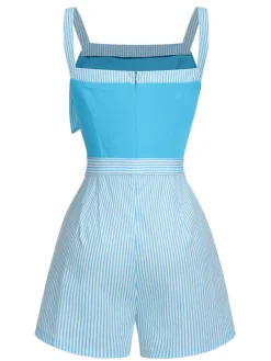 Best Retro Stage Light 1940s Stripe Wide Straps Romper Blue