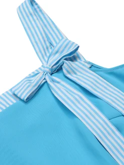 Best Retro Stage Light 1940s Stripe Wide Straps Romper Blue
