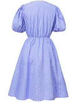 Fashion Retro Stage 1950s Striped Bow Lace-Up Dress Light Blue
