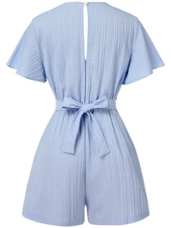 Online Retro Stage 1950s Textured Flare Sleeve Romper Light Blue