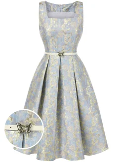 Discount Retro Stage 1950s Textured Floral Sleeveless Butterfly Dress Light Blue