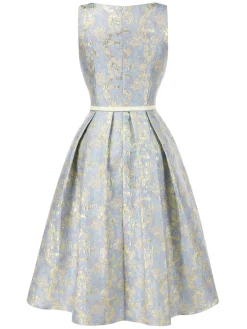 Discount Retro Stage 1950s Textured Floral Sleeveless Butterfly Dress Light Blue