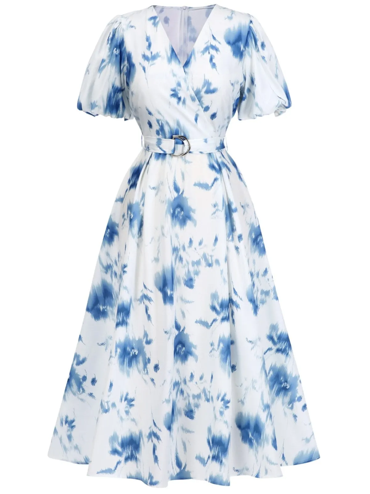 Outlet Retro Stage 1950s Tie Dye Puff V-Neck Swing Dress Light Blue
