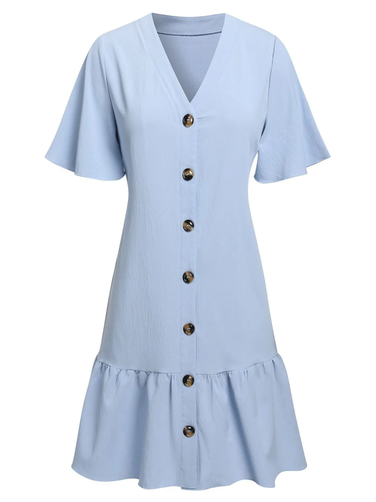 Sale Retro Stage 1970s V-Neck Ruffle Hem Dress Light Blue