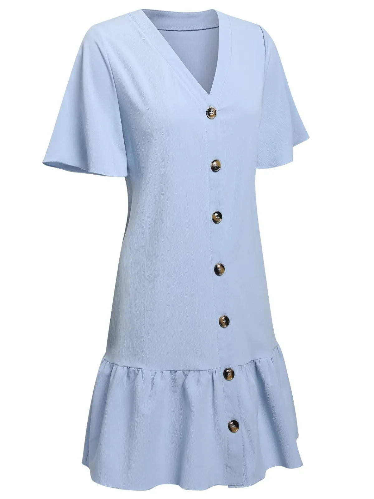 Sale Retro Stage 1970s V-Neck Ruffle Hem Dress Light Blue