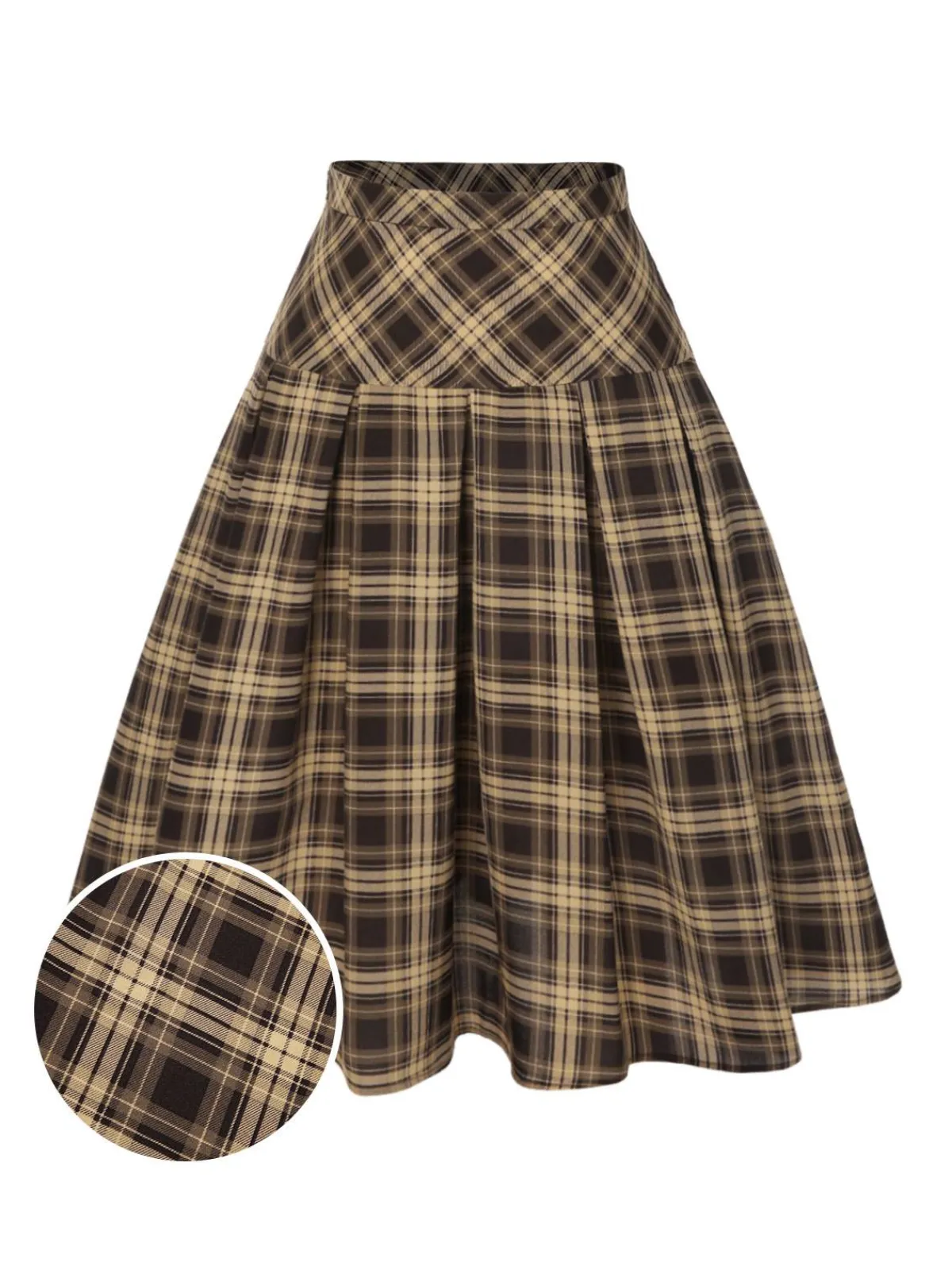 New Retro Stage 1950s Plaid Pleated Skirt Light Brown