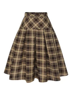 New Retro Stage 1950s Plaid Pleated Skirt Light Brown