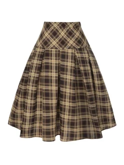 New Retro Stage 1950s Plaid Pleated Skirt Light Brown