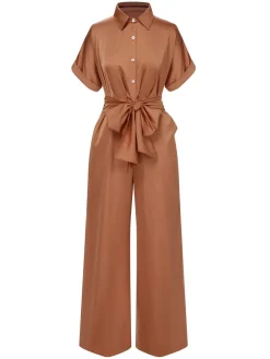 Sale Retro Stage 1930s Solid Belted Jumpsuit Light Brown