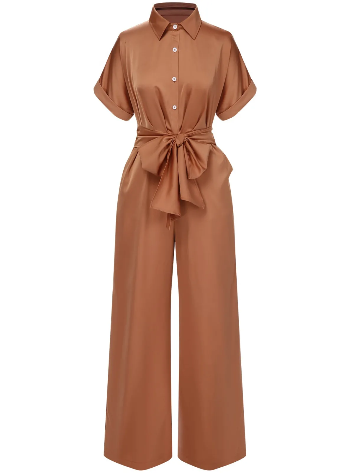 Sale Retro Stage 1930s Solid Belted Jumpsuit Light Brown
