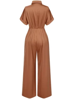 Sale Retro Stage 1930s Solid Belted Jumpsuit Light Brown