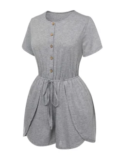 Discount Retro Stage 1950s Round Neck Solid Romper Light Gray