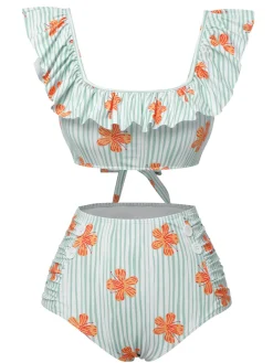 Discount Retro Stage 1950s Floral Stripe Ruffle Swimsuit Light Green