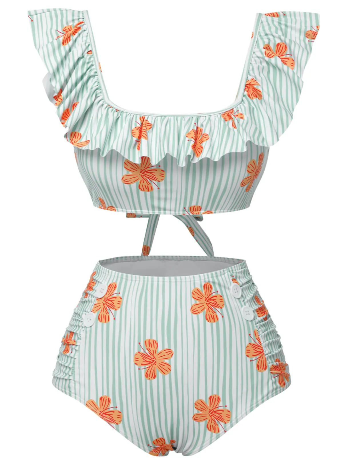 Discount Retro Stage 1950s Floral Stripe Ruffle Swimsuit Light Green