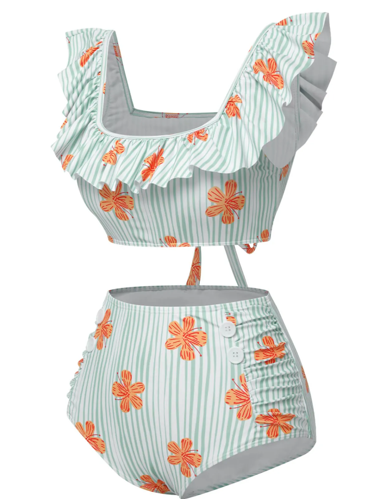 Discount Retro Stage 1950s Floral Stripe Ruffle Swimsuit Light Green