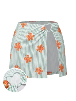 Outlet Retro Stage 1950s Floral Stripe Skirt Cover-Up Light Green