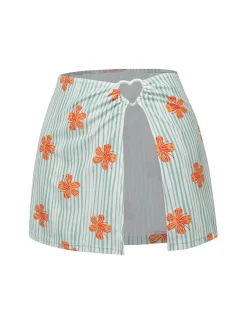 Outlet Retro Stage 1950s Floral Stripe Skirt Cover-Up Light Green