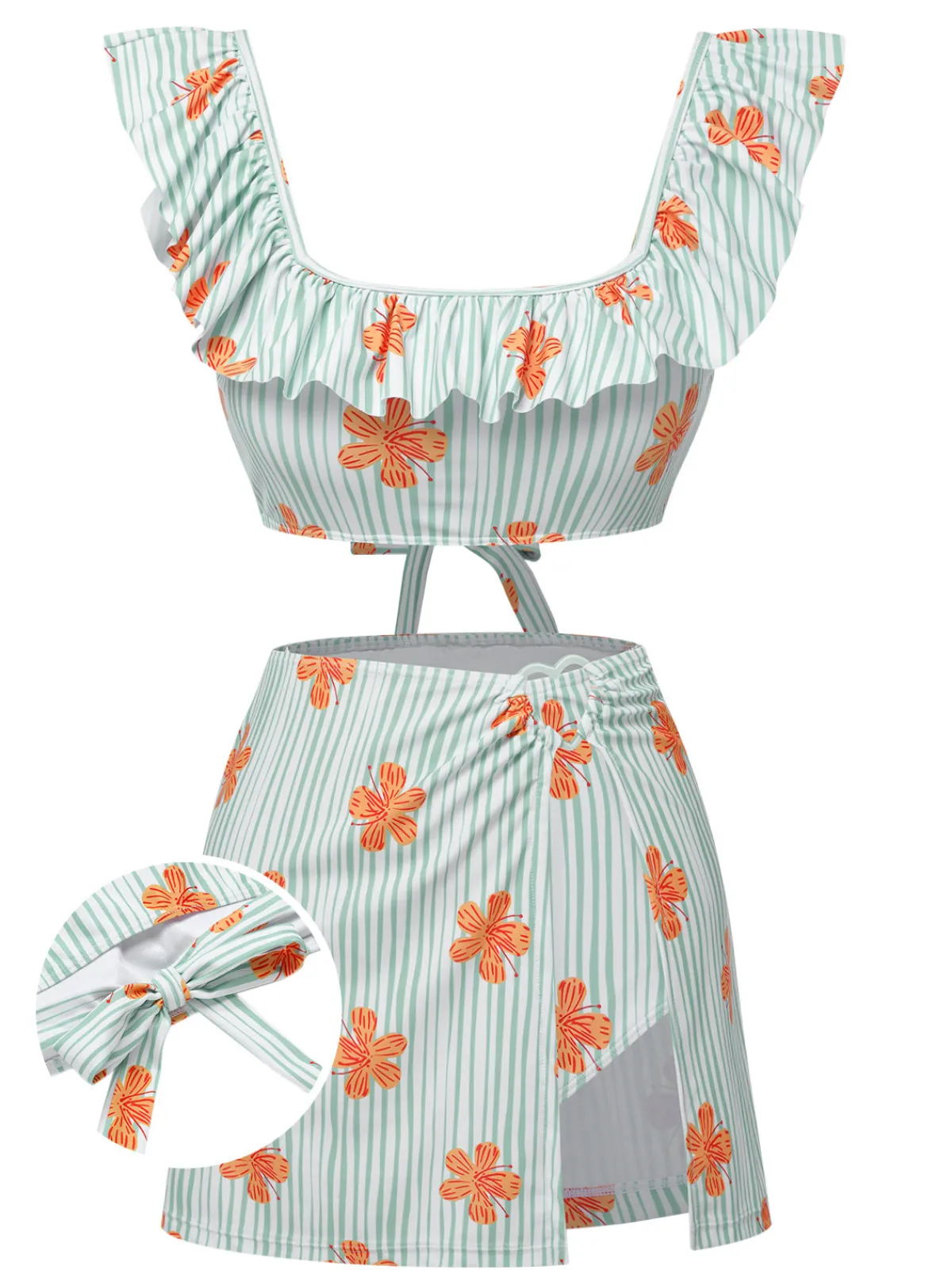 Sale Retro Stage 1950s Floral Stripe Swimsuit & Skirt Cover-Up Light Green