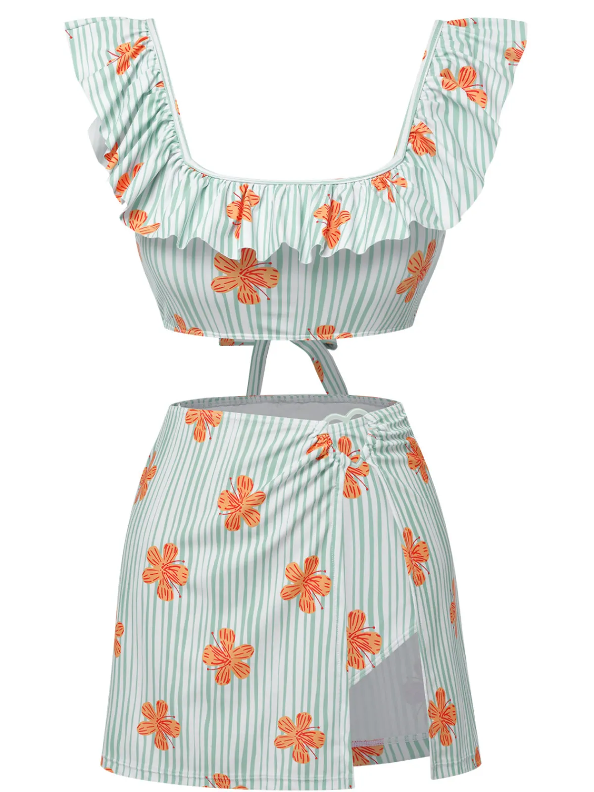 Sale Retro Stage 1950s Floral Stripe Swimsuit & Skirt Cover-Up Light Green