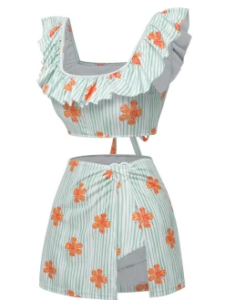 Sale Retro Stage 1950s Floral Stripe Swimsuit & Skirt Cover-Up Light Green