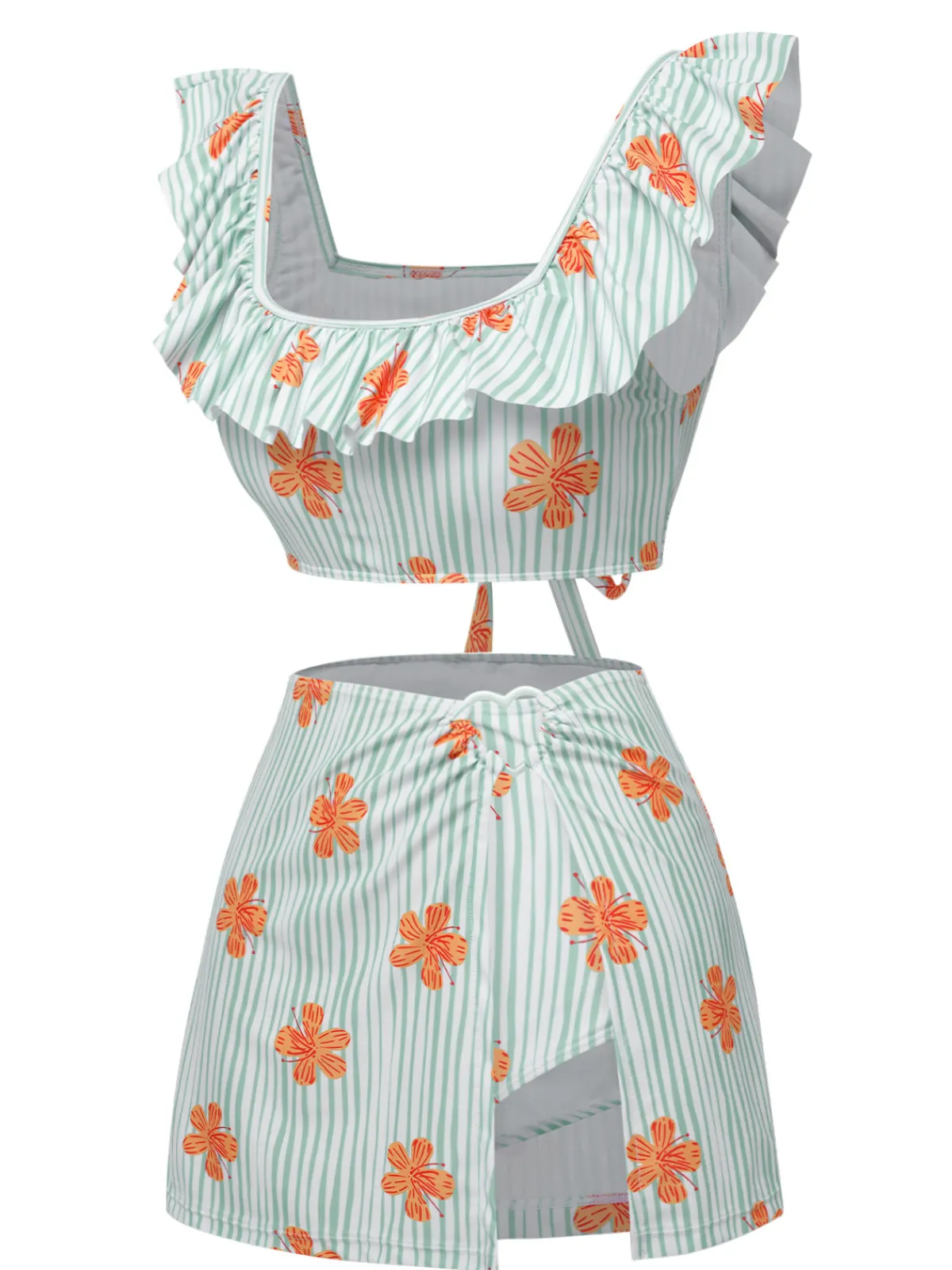 Sale Retro Stage 1950s Floral Stripe Swimsuit & Skirt Cover-Up Light Green