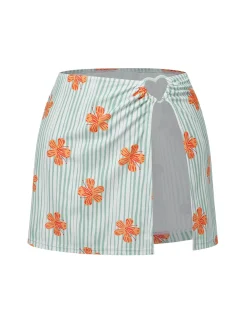 Sale Retro Stage 1950s Floral Stripe Swimsuit & Skirt Cover-Up Light Green